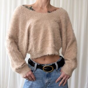 New Look Fuzzy Cropped Sweater Cream Soft Cozy Knit Oversized Fit Women's XL‎